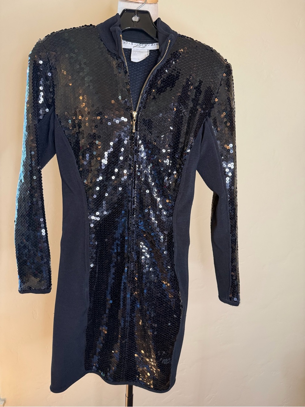 Lillie Rubin vintage LS black sequin and knit zip front mini dress Size 2/4